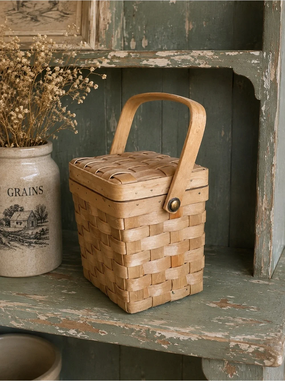 Small Handwoven Natural Brown Picnic/Sewing Basket with Handle
